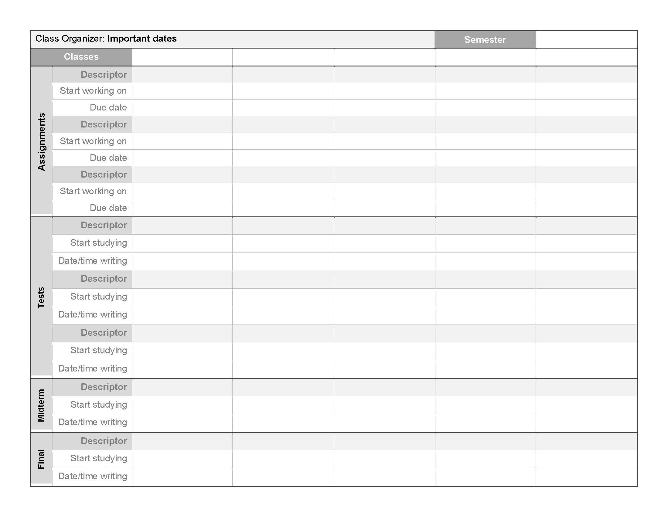 Class Organizer Important Dates